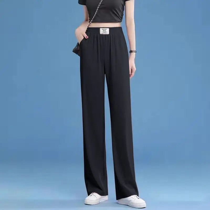 

2024 Summer Women Fashion Thin High Waist Loose Pant Female Solid Color Straight Pants Ladies Ice Silk Wide-leg Trousers N29