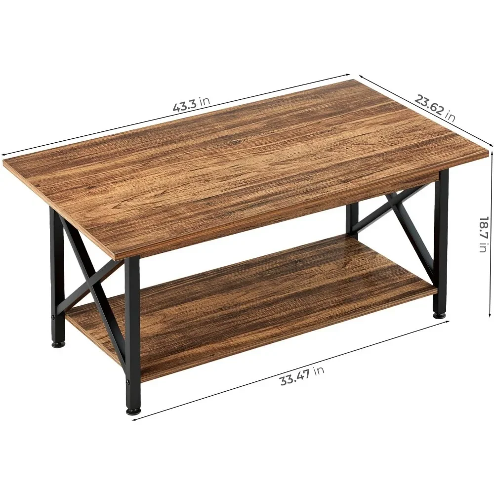 Mesa de café grande para sala de estar, 43,3X23,6 pulgadas, rústica, con estante de almacenamiento para sala de estar, montaje fácil