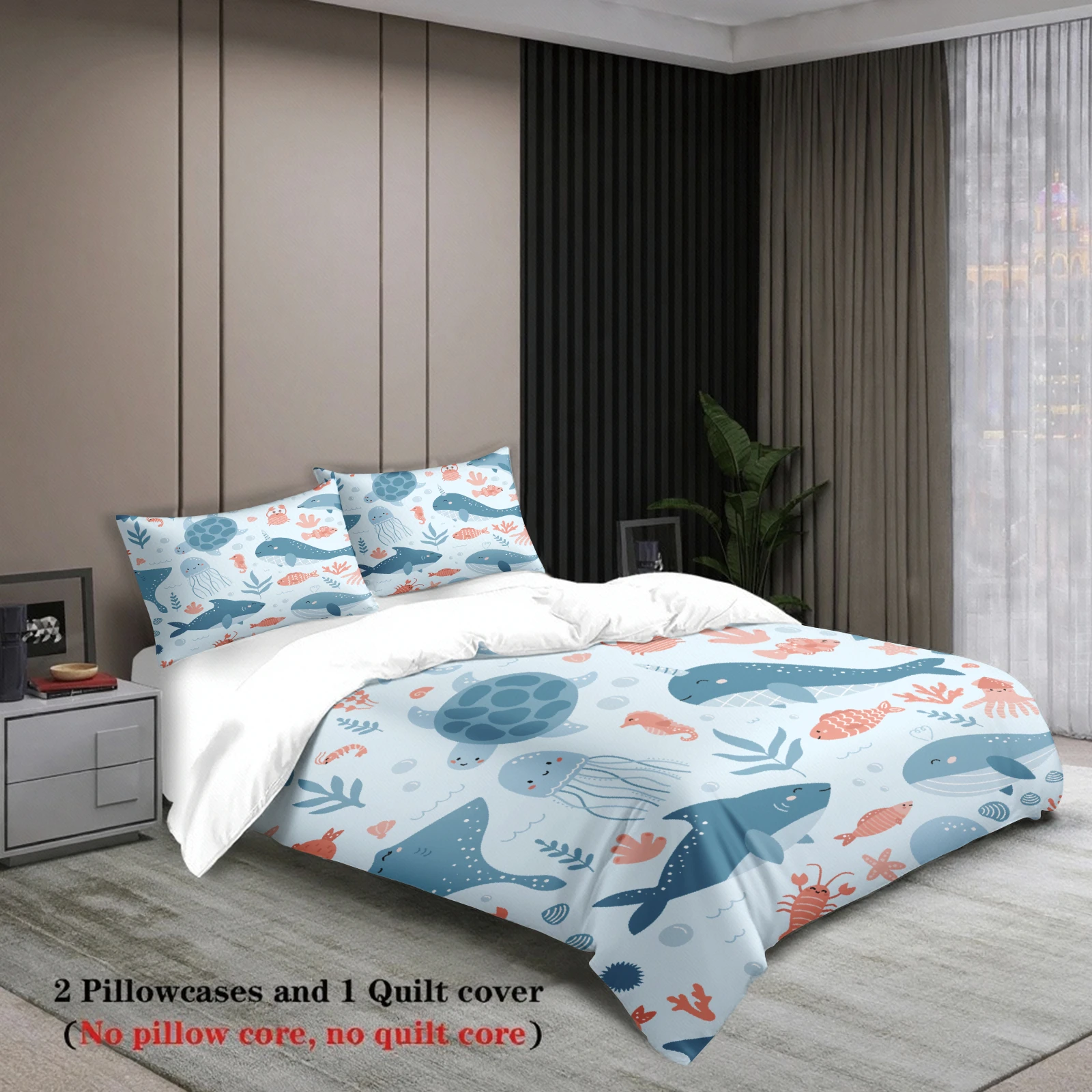 3pcs Ocean Animal Bedding Sets 3D Printed Sea Creatures Duvet Cover Sets With Pillowcases No Filling