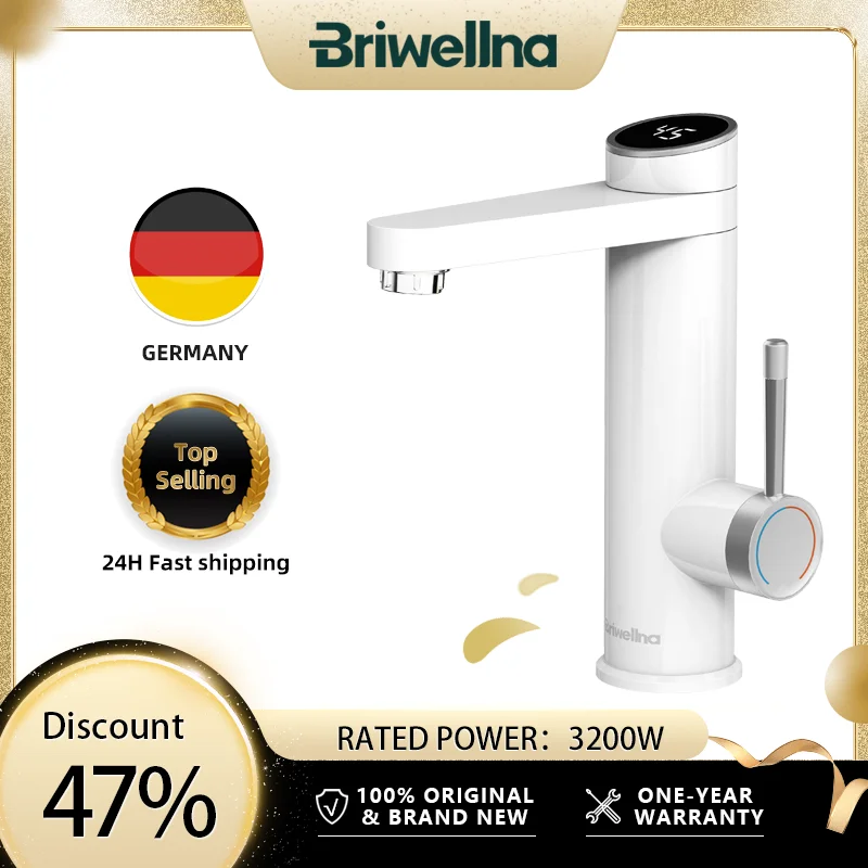 

Briwellna Electric Water Heater 220V Basin Faucet Heated Water Tap 120° Swivel Spout Intelligent Water Heater Mixer Geyser