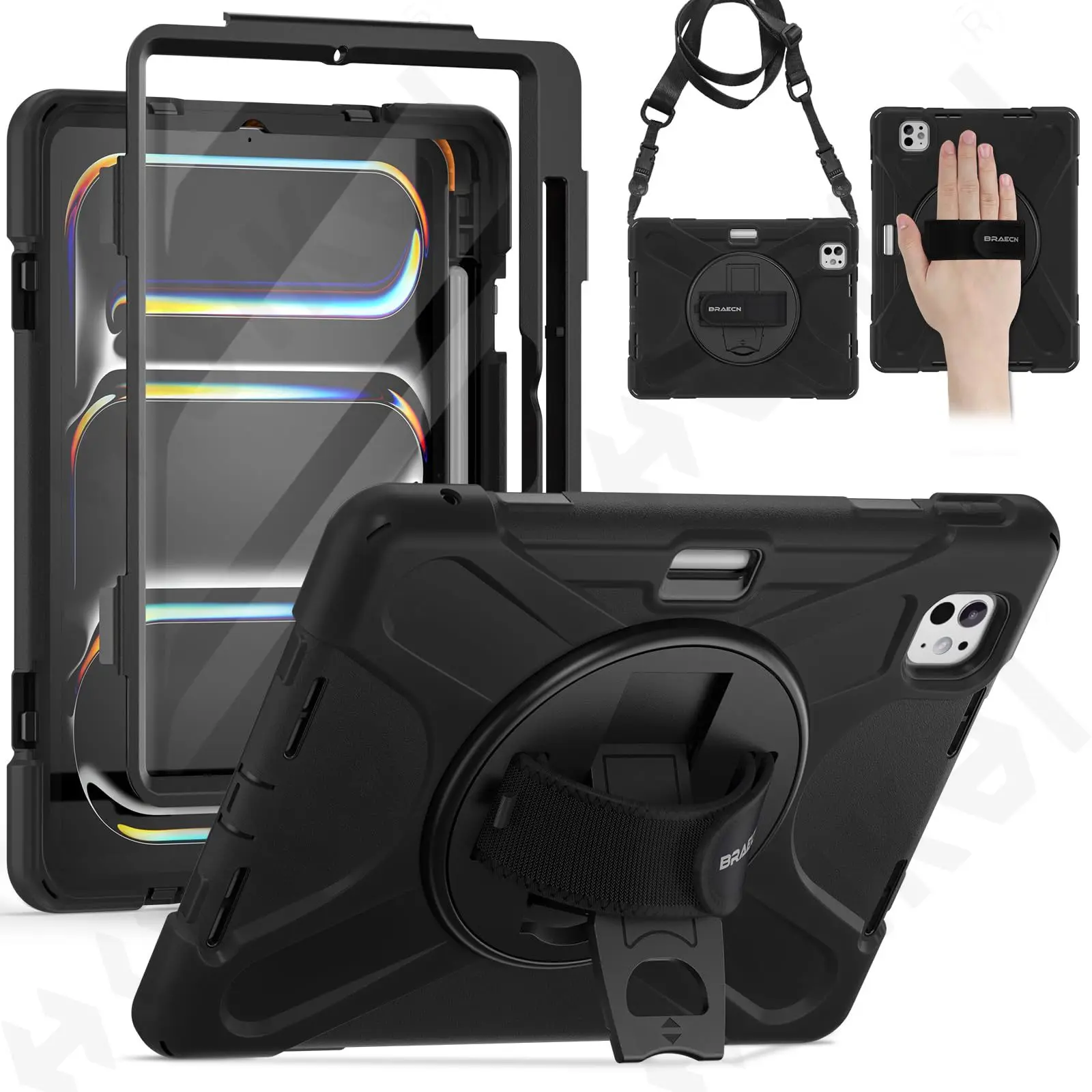 Case for iPad Pro 11 Air 13 2025 2024 4G 5G Heavy Duty Rotating Shockproof Stand Hand Shoulder Strap Black
