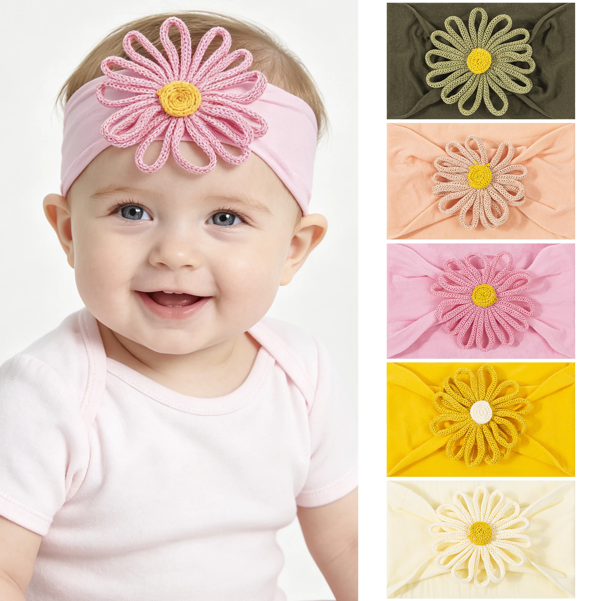 1/5 piece, soft and elastic nylon knotted headband, handmade crochet hollow sunflower newborn baby hair accessory.
