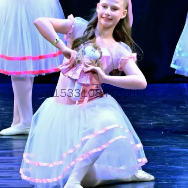 Long Pink Girls Ballet Tutu Dress with Puff Sleeves Swan Princess Tulle Stage Performance Dance Costume for Kids