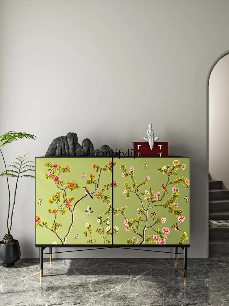 New Chinese-style entrance cabinet, retro high-footed wine cabinet, household flower and bird painted solid wood storage