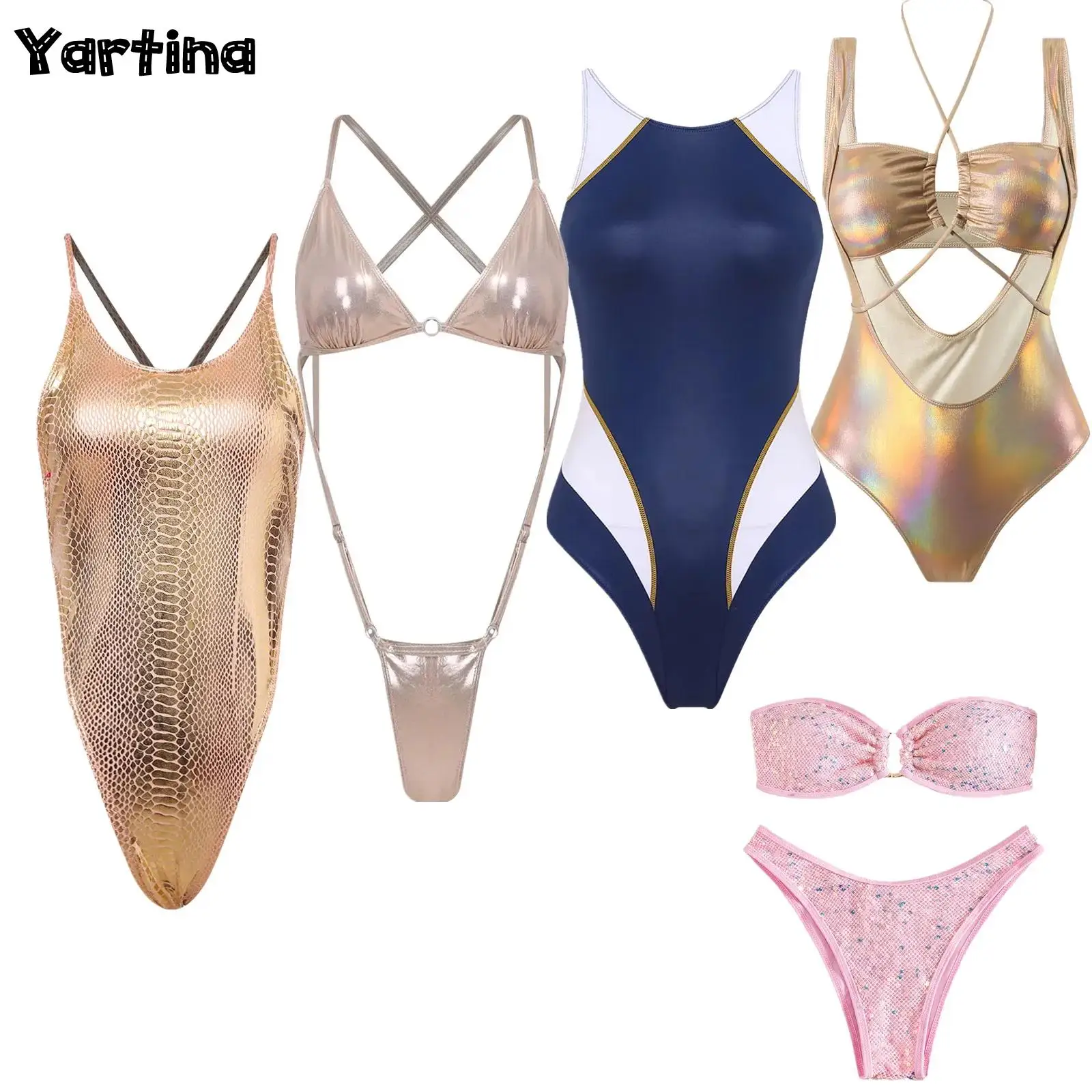 Women's One-piece Bikini Swimsuit Metallic Shiny Swimming Bathing Suit with Chest Pads Backless High-cutting Bodysuit Swimwear