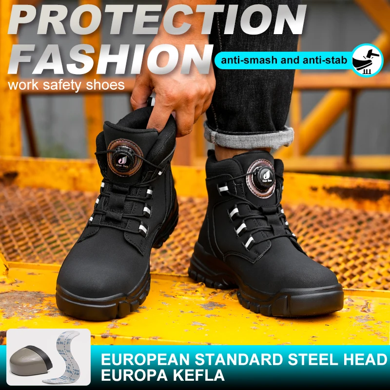 Rotating Button Puncture-proof Security Protective Shoes Lightweight Steel Toe Boots Waterproof Black Working Botas for Men