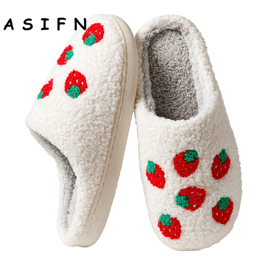 New Cute Strawberry Slippers Soft Fluffy Faux Fur Plush House Shoes Women Female Comfy Home Flat Slip-on Slides Chaussure Femme