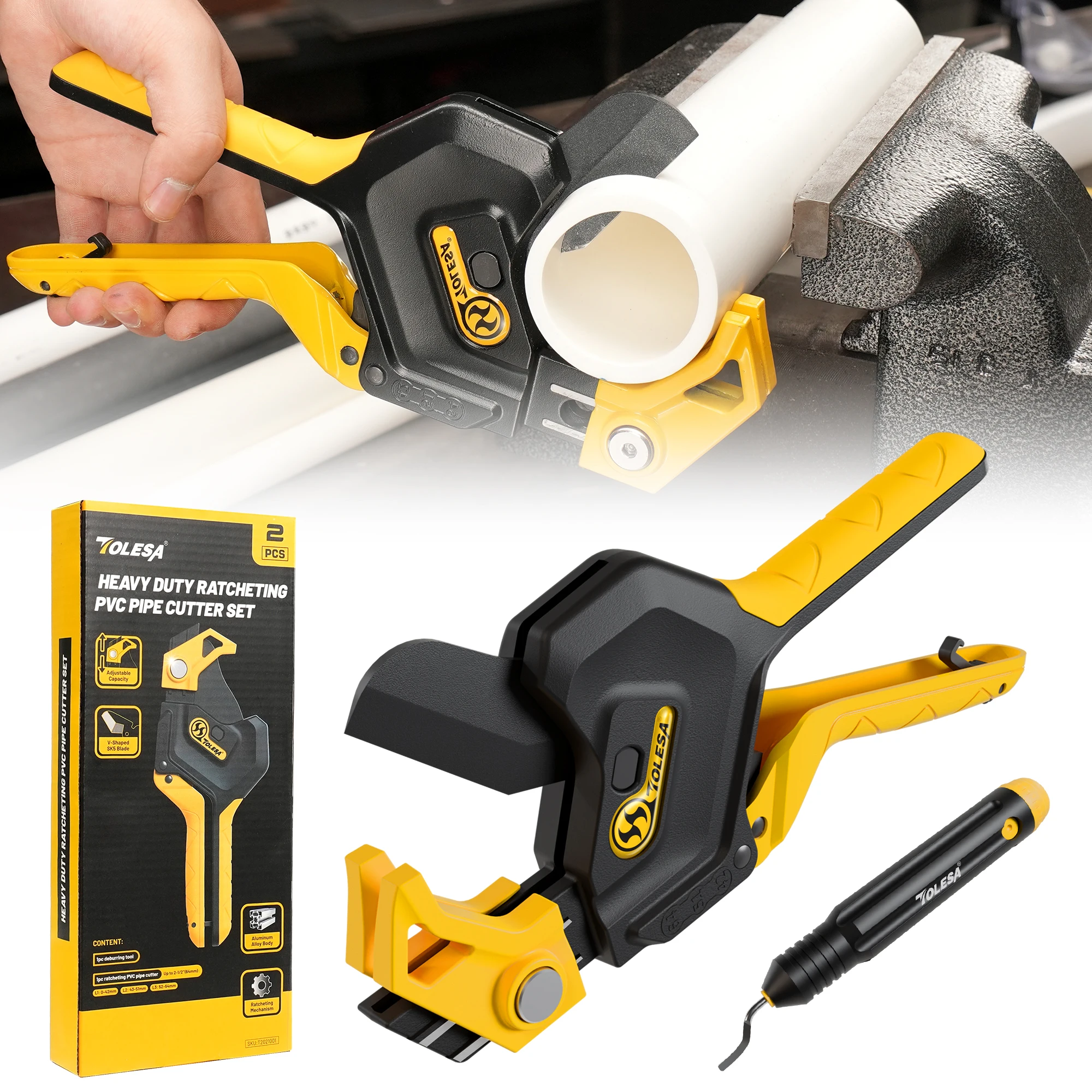 

TOLESA Heavy-Duty PVC Pipe Cutter 3-Gear Adjustable Ratchet Pipe Cutter Tool Up to 2-1/2” for Cut PEX, PVC, PPR Plastic Hoses