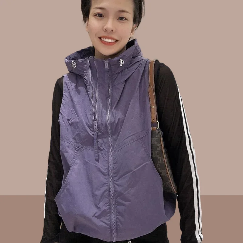 

Double Zipper Solid Color Hooded Vest 2025 Summer New Breathable High-end Sunscreen Clothes Loose and Thin Coat Women