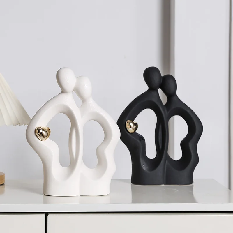 Abstract Human Ceramic Figurine Black and White Couple Small Sculpture Living Room Entryway TV Cabinet Tabletop Decoration Gift