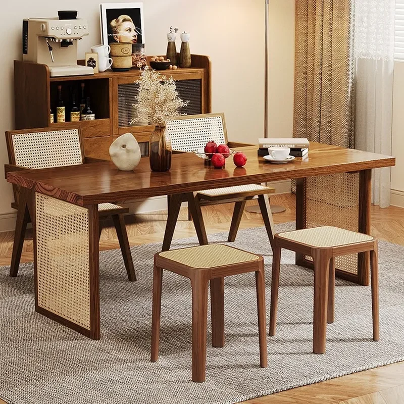 Solid Wood Stackable Rattan Stool Durable Small Square Bench for Dining Table Living Room Low Spare Chair Household Furniture