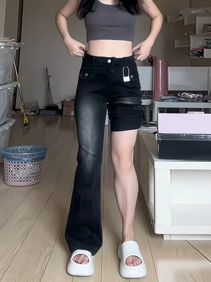 

Женские джинсы Bootcut, черные женские пришивные джинсы с высокой талией, эстетичная девушка, модное качество, боковой цвет, легкая посадка, стираный нейтральный цвет