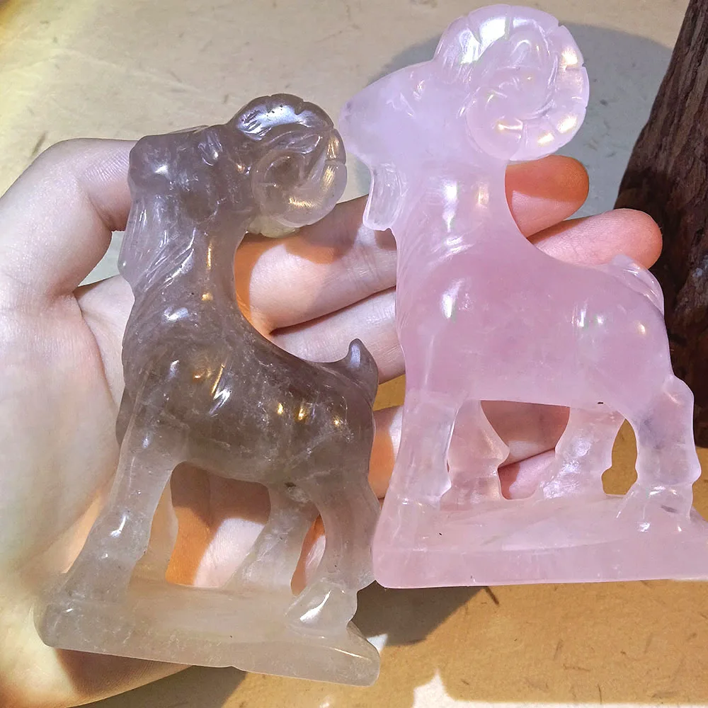 

2024 Natural Crystal Carving Rose Quartz Cute Animal Goat Energy Healing Room Decoration Accessories Reiki Crystal Pendant