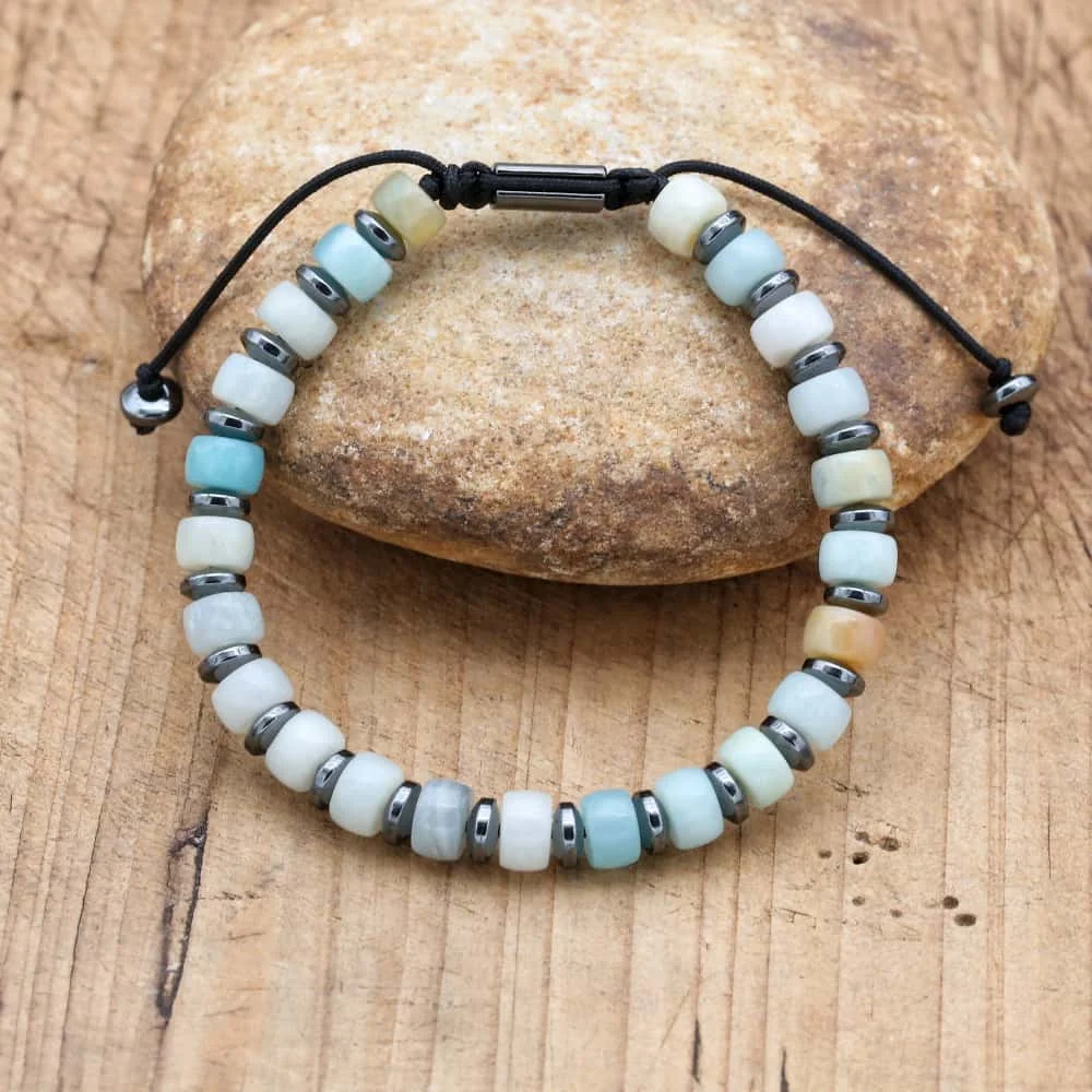 Amazonite Hematite Beaded Bracelet for Men Women Courage Protection Grounding Jewelry Gift