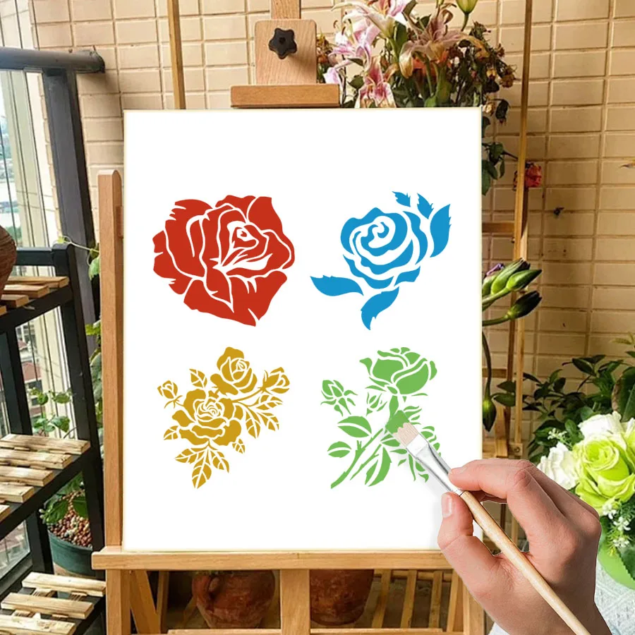 مجموعة استنسل زهرة الورد - قوالب رسم PET قابلة لإعادة الاستخدام للديكور DIY (4 قطع)