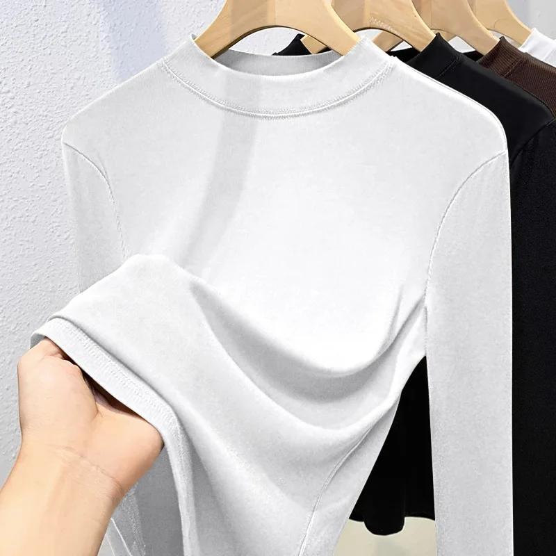 Women's Winter Half Round Neck Warm Base Shirt Long Sleeved T-shirt Autumn Simple and Versatile Autumn Plus Velvet Warm Top
