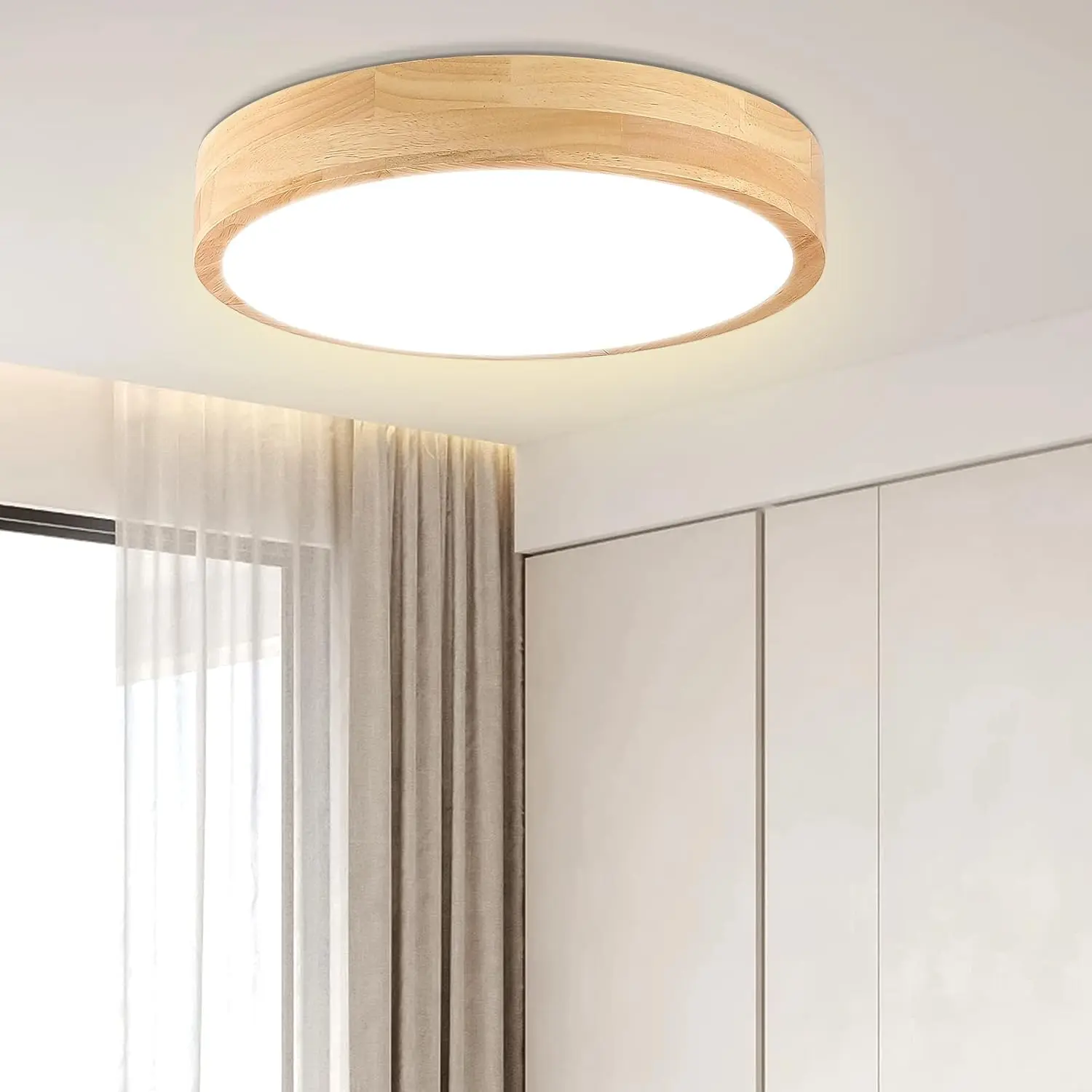 

Led Ceiling Light Flush Mount: 12 Inch 24W Wood Bedroom Light Fixture With Round Modern Flat Overhead Minimalist Ceiling Lamps