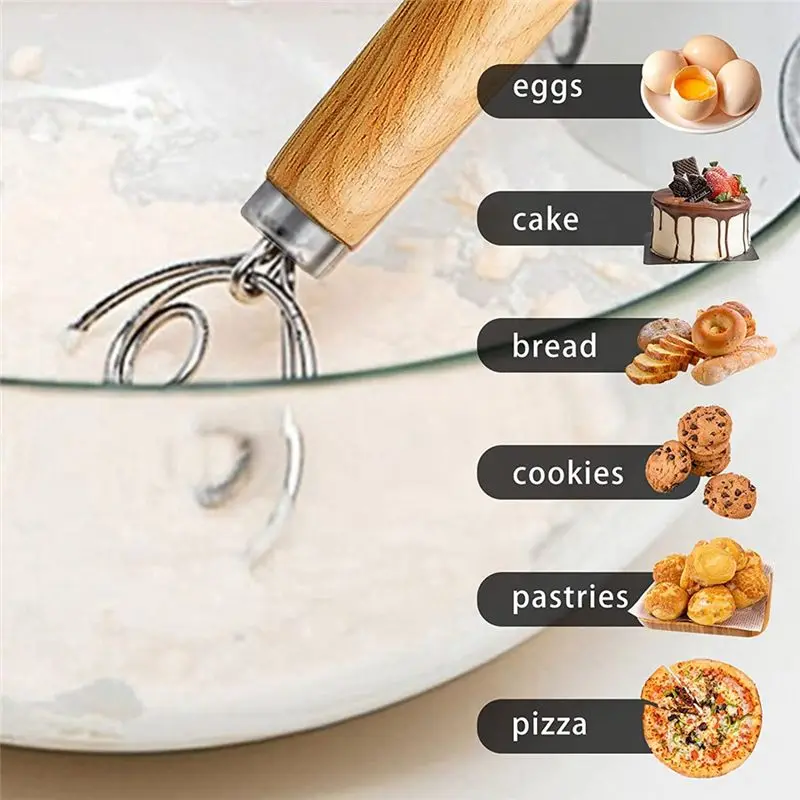 [Promotions]Dough Whisk Stainless Steel Dough Whisk Dutch Style Bread Dough Hand Mixer Wooden Handle Kitchen Baking Tools
