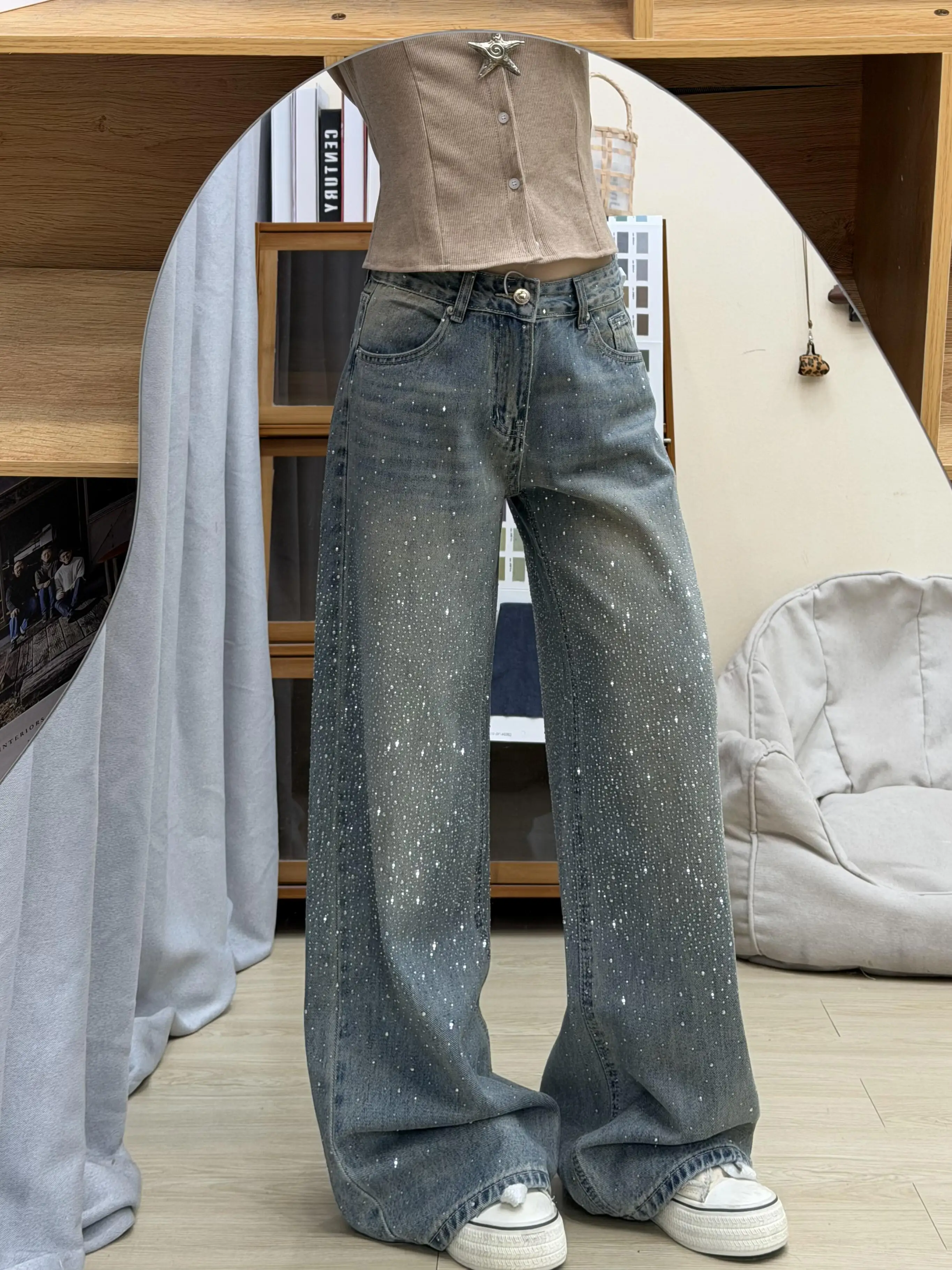 Shiny Rhinestone Decorated Women's Straight Leg Jeans Slimming Wide Leg Pants Large Size High Waist Denim Casual Fashion