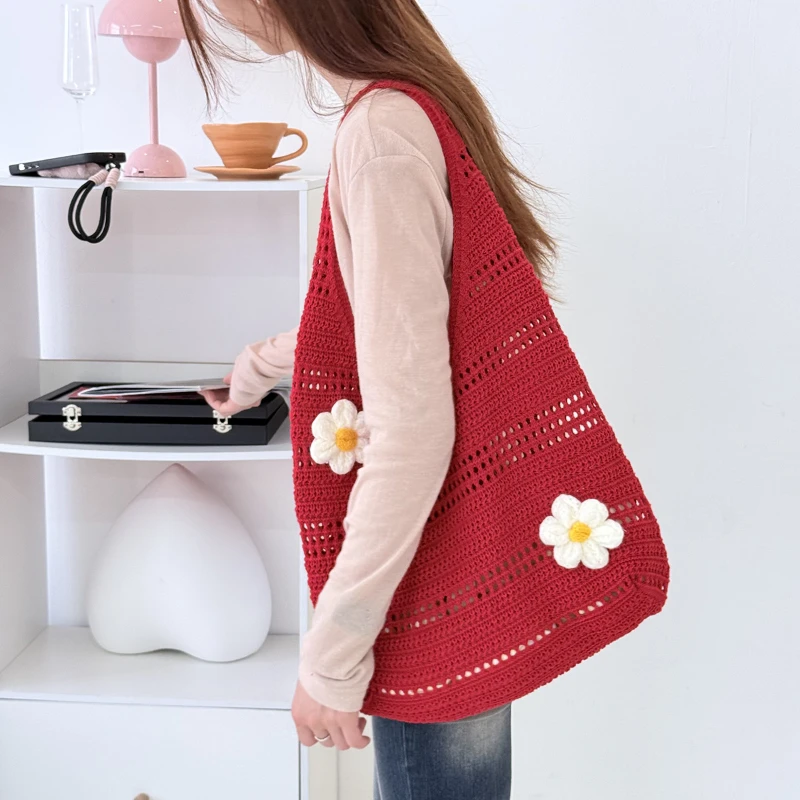 3D-Blumen-Hohlstrick-Umhängetasche, Koreanische Damen-Handtasche in Süßer, Niedlicher Einfarbiger Ausführung, für Pendeln und Freizeitreisen – Detail 16