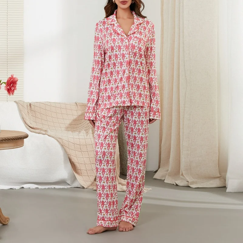 Monkey Pajamas for Women Preppy Style Sleepwear Set Cartoon Print Single Breasted Long Sleeve Tops and Trousers 2000s Loungewear