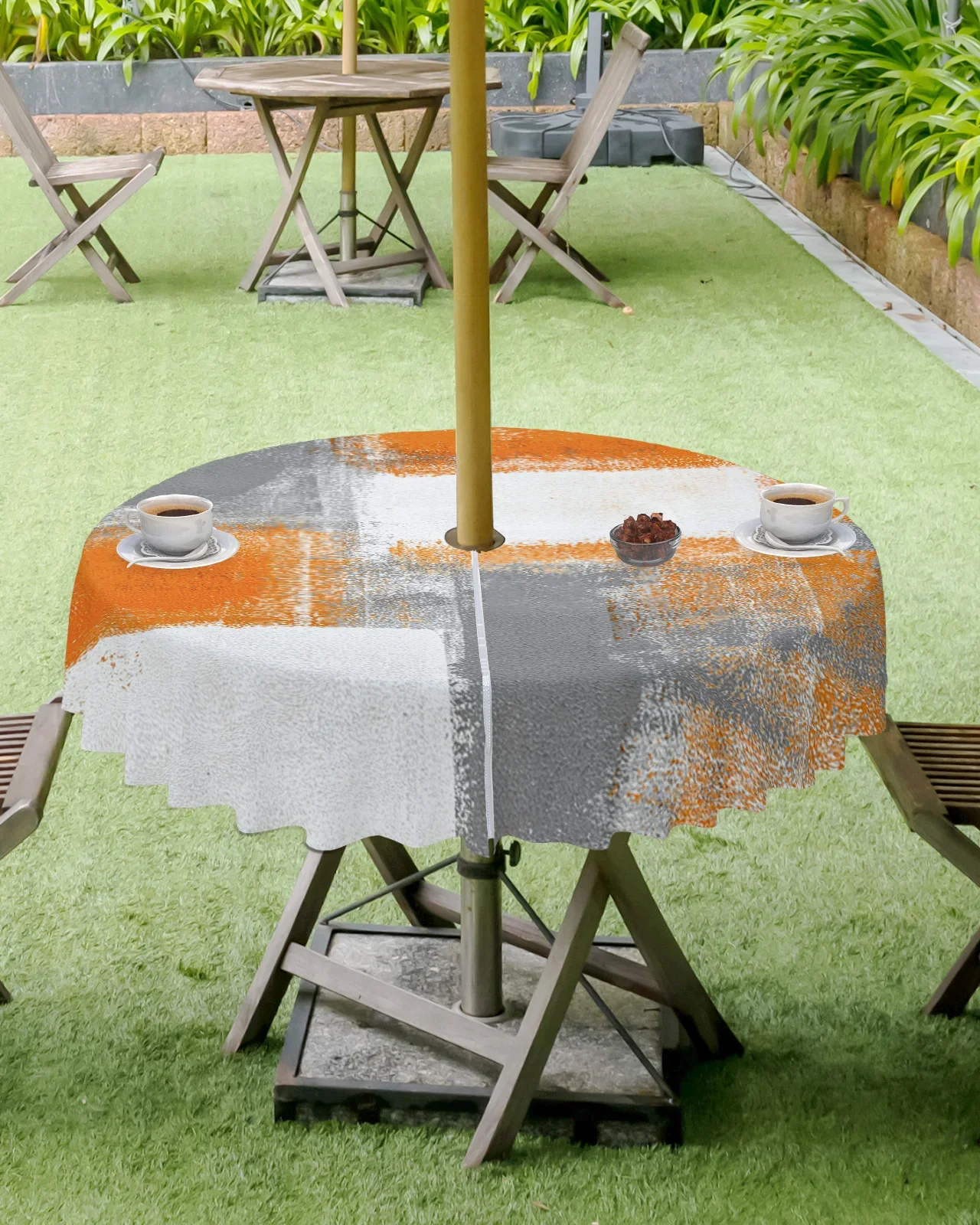 Oil Painting Abstract Geometric Orange Gray Round Waterproof Tablecloth With Zipper Umbrella Hole Table Cover For BBQ Gatherings