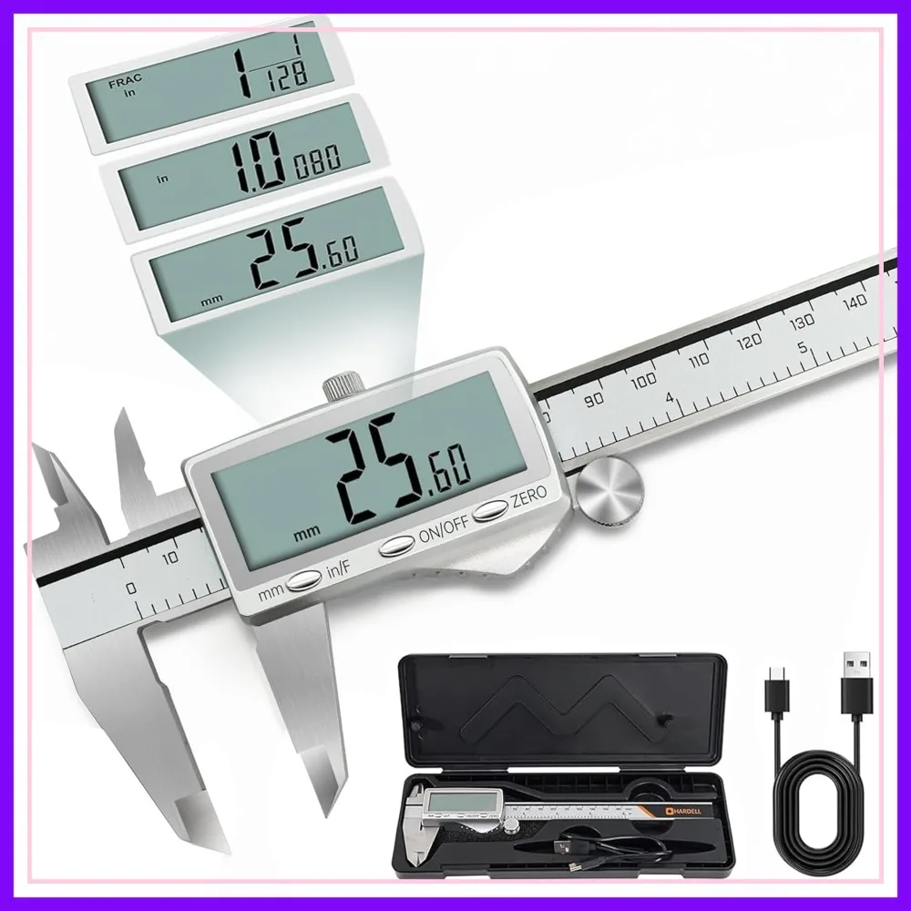 

12" Digital Caliper 300mm, Rechargeable Stainless Steel, Large LCD Inch/MM/Fraction, Auto-Off Measuring Tool for Machinist Woodworking 3D Printing DIY