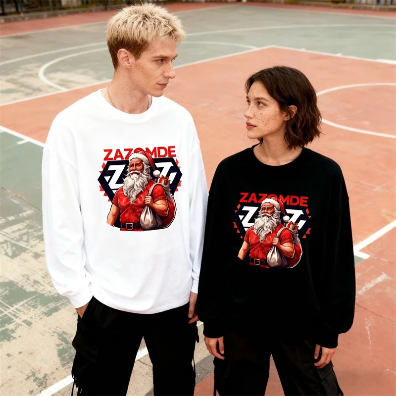 ZAZOMDE Christmas Festival Santa Print Long Sleeve Cotton T-Shirt Holiday Season Celebration Design Cotton Family Gatherings