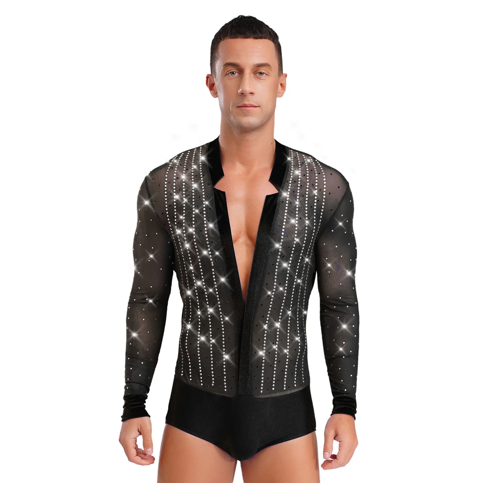 

Men Deep V Neck Ballroom Latin Dance Leotard Sheer Mesh Long Sleeve Rhinestones Bodysuit Tango Cha-Cha Rumba Gymnastic Dancewear