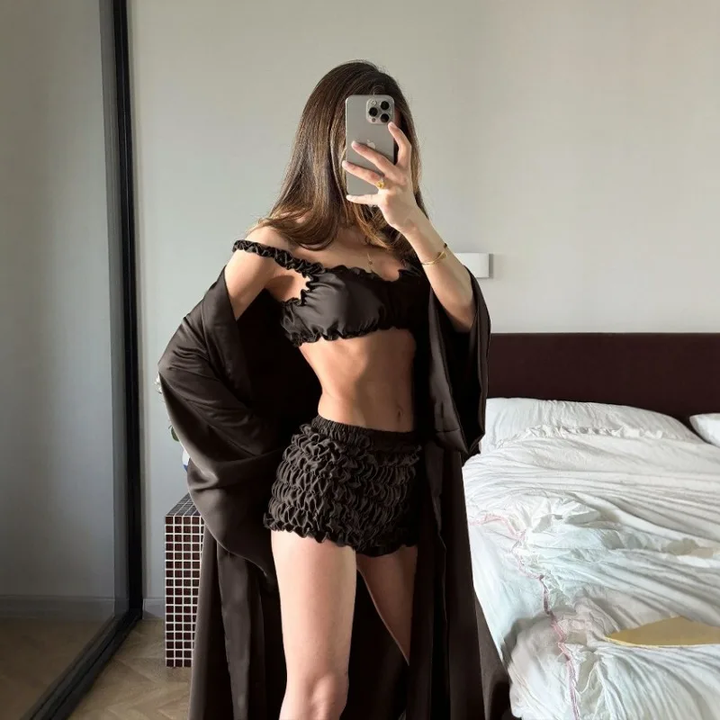 Three-Piece Set of Casual and Comfortable Satin Pleated Pajamas, Cardigan, and Loungewear Shorts for European American Styles