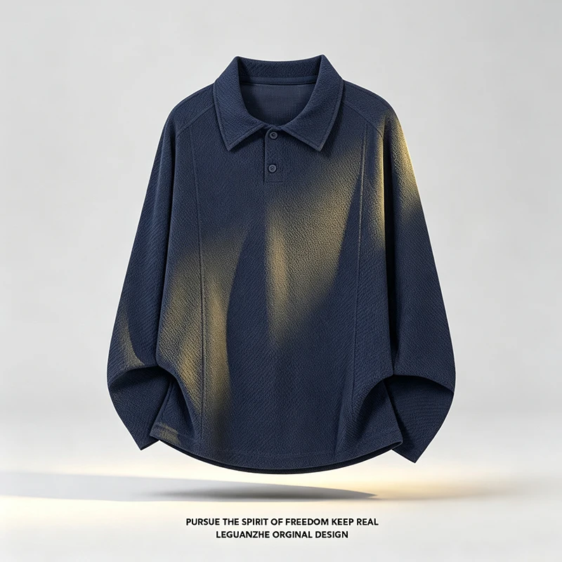 Herren-Poloshirt mit strukturierter Oberfläche, langen Ärmeln, Reverskragen, lockerer, übergroßer Passform, lässig, für den täglichen Gebrauch, einfarbig, modische Oberteile für Herren. – Detail 6
