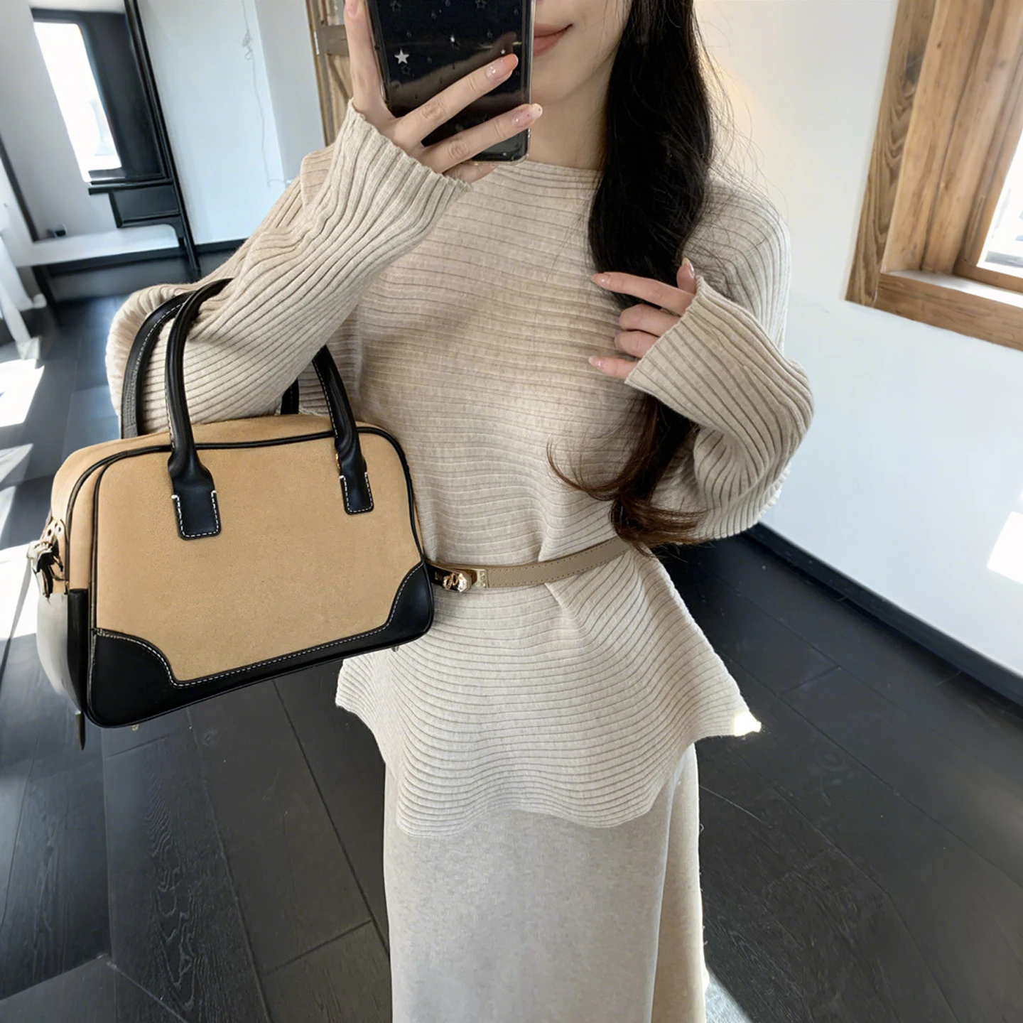 

Trendy round Ne Knitted Sweater Women's Long Sve with Belt Korean Sle Commute Soft Polyester Fiber Winter Faion