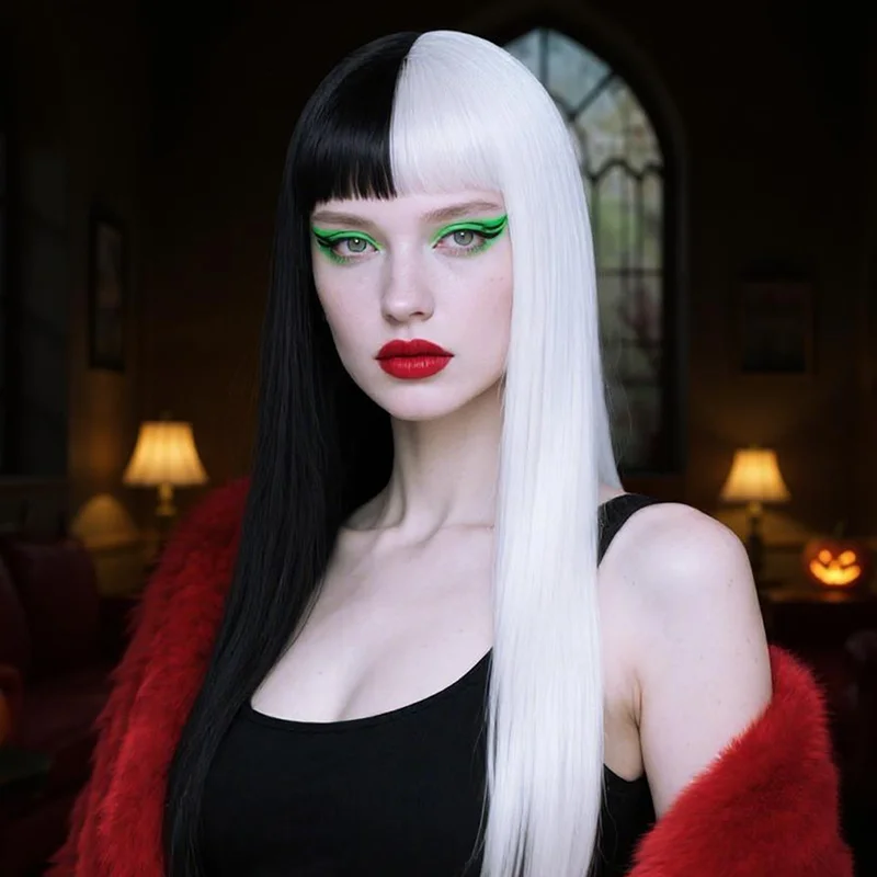 Cruella Black and white witch Long straight hair Yin-yang wig Cruella costume headwear Masquerade ball costume synthetic wig