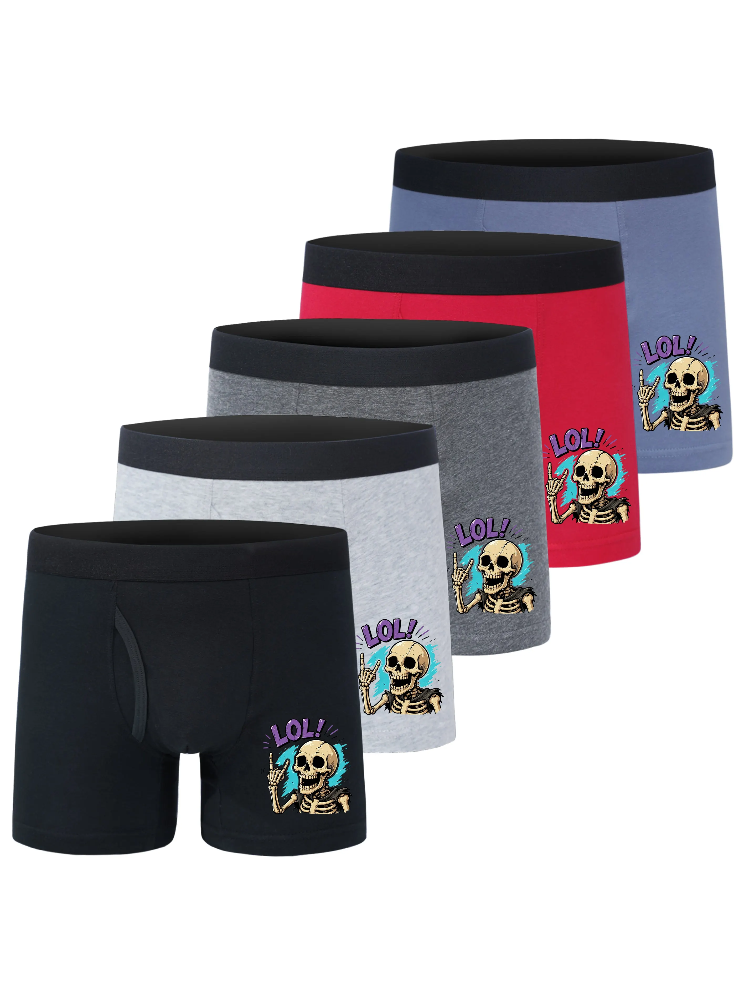 Paquete de 5 calzoncillos bóxer para niños, 95% algodón, 5% elastano, con abertura frontal, estampado de esqueleto con gesto rockero LOL, ropa interior suave para niños