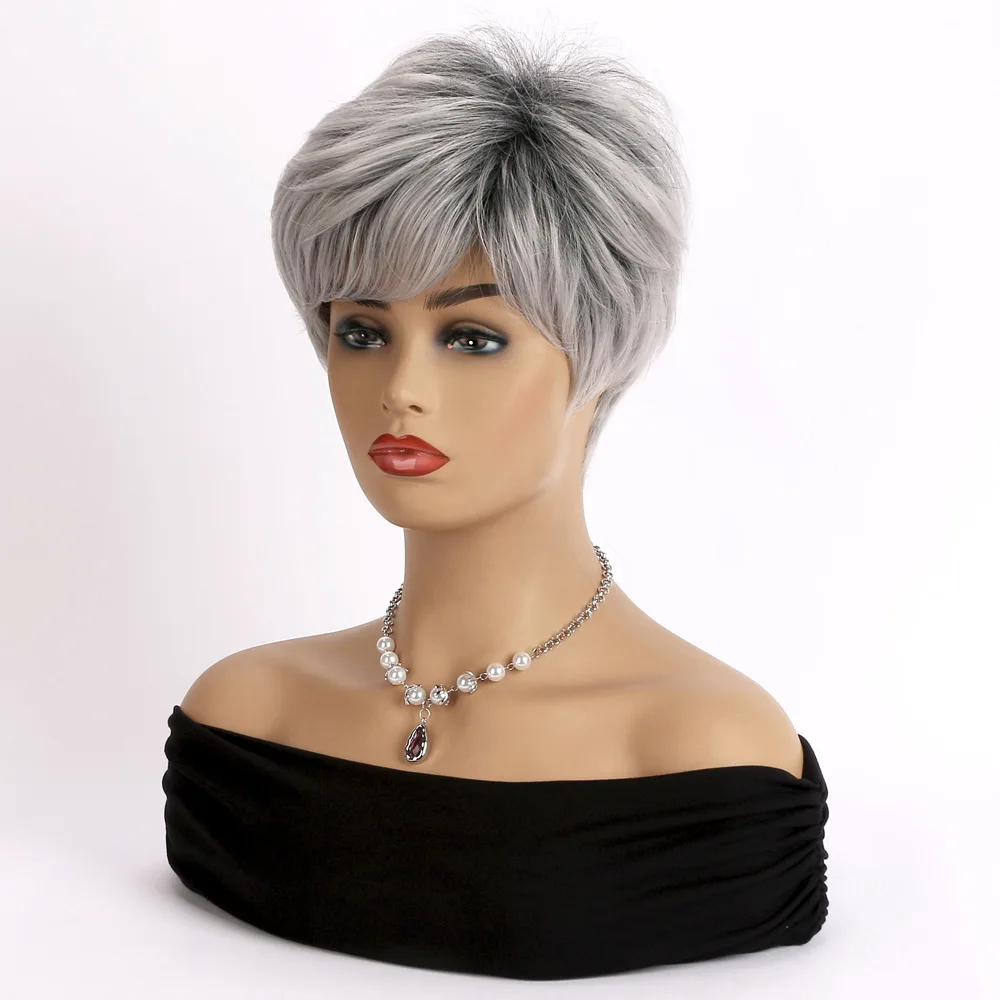 Short Silver Gray Wigs Pixie Cut Synthetic Wigs with Bangs for Black Women High Temperature Daily Fake Hair