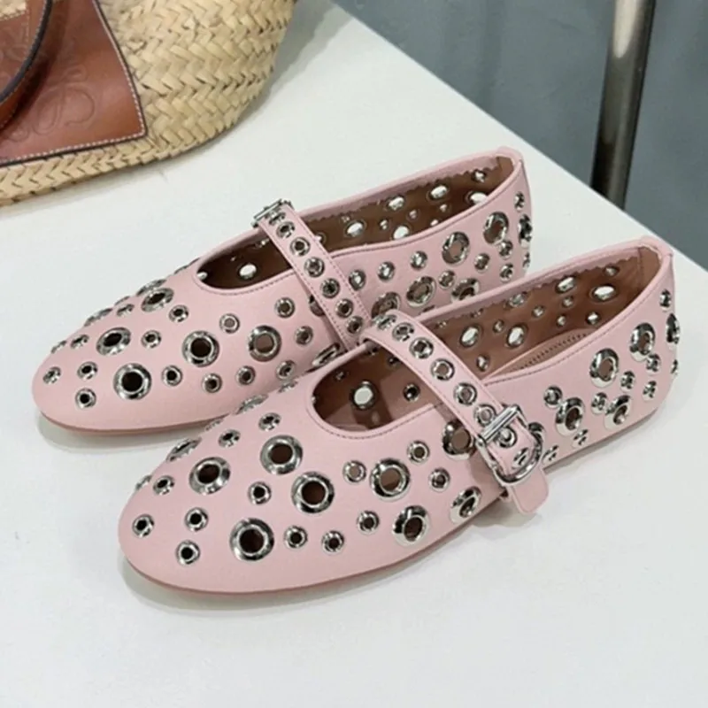 

Metal Decoration Hollow Women Ballet Shoes Buckle Strap Design Round Toe Women Shoes Solid Color Flat Loafers Zapatos De Mujer