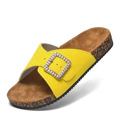 New Leather Birkenstocks Cork Flip-flops for Women Vintage Summer Buckle Wear Muller Slippers Fashion Casual Beach Sandals Mules