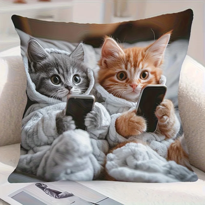 Vibrant Bohemian Style Pillow Cover,Charming Kitten & Phone Design, for Living Room & Bedroom Decor