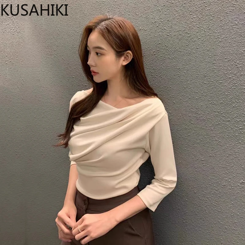 KUSAHIKI Korean Chic Autumn Pleated Design Slimming Base Shirt Three Quarter Sleeve T-shirt Top for Women Graphic T Shirts