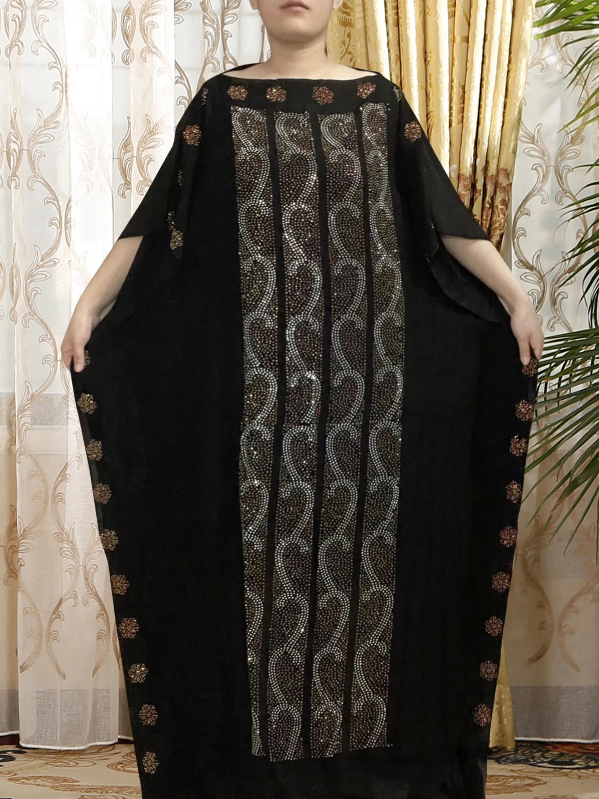 African Dresses For Women 2022 New O-neck Set Auger Black Robe Muslim Summer Clothes Islam Short Sleeve Maxi Abaya With Turban