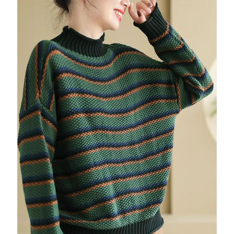 New Autumn and Winter Fashion Lazy Style Retro Stripe Half High Neck Loose and Versatile Western Style Slim Women\'s Sweater