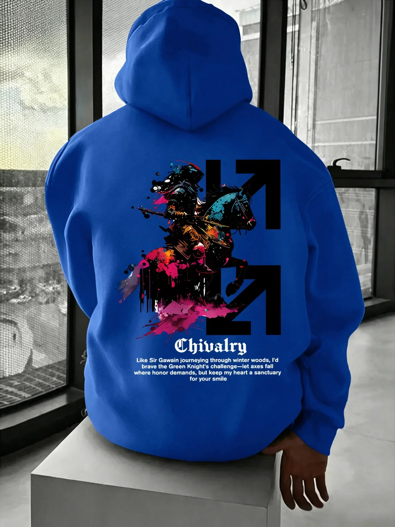 Color Splash Medieval Knight On Horse Chivalry Slogan Graphic Hoodie Unisex Loose Long Sleeve Back Print Sweatshirt