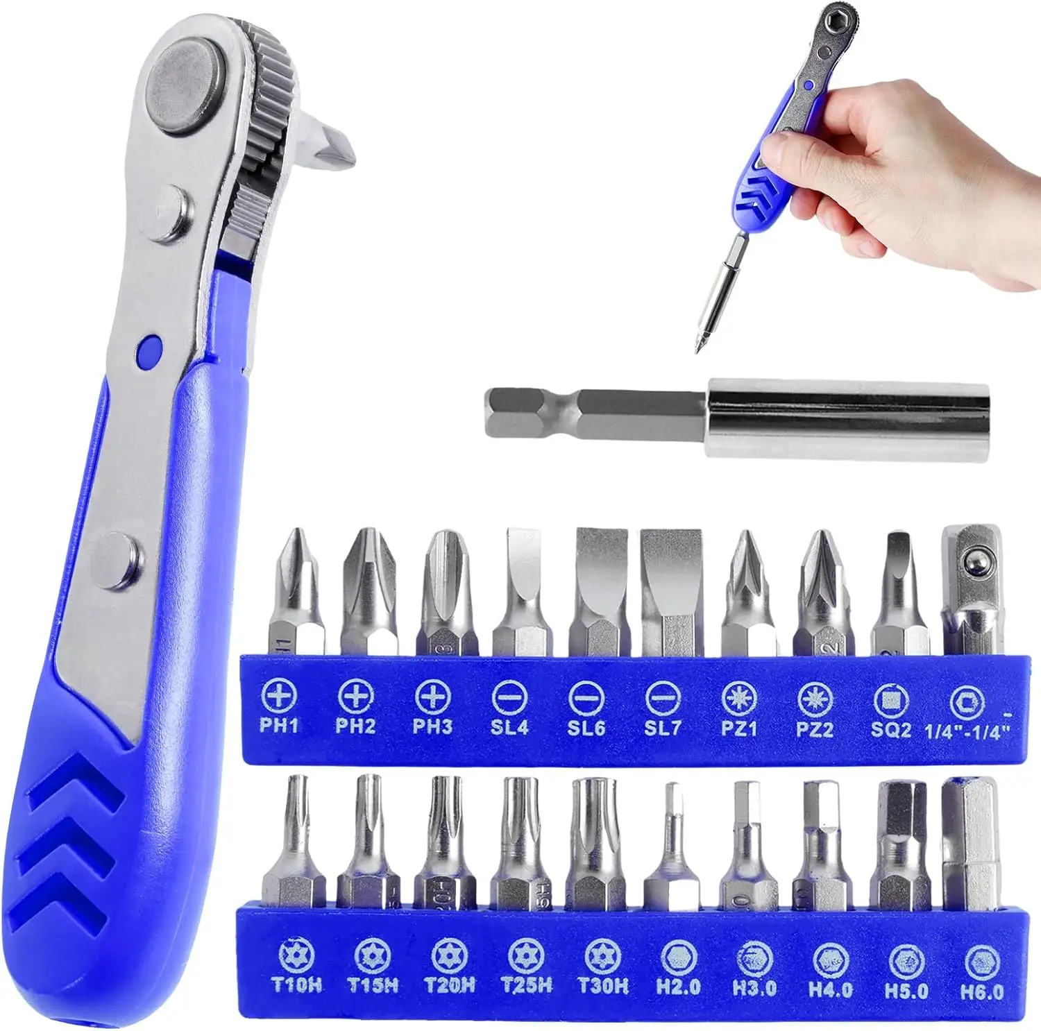 Set Obeng Mini 22 in 1 dengan Ratchet 1/4 Sudut Kanan, Obeng Phillips, Obeng Slotted, Obeng Torx, dan Bit Magnetik untuk Ruang Sempit