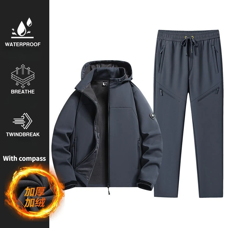 

Winter Men Casual Climb Sports Set Fleece Thickening Hooded Jacket Sweatshirt Pants Two-Piece Set with Compass SoftShell Jackets