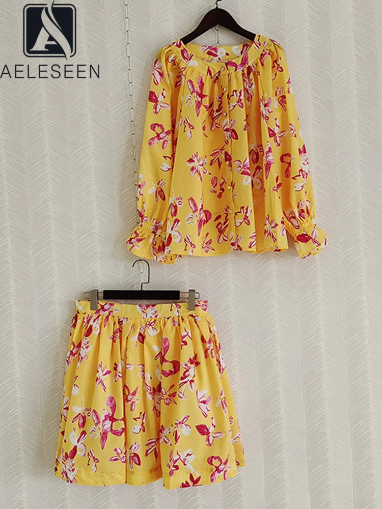 

AELESEEN Fashion Runway 2022 Women Summer 2 Pieces Set Yellow Ruffles Loose Top+Mini Skirt Flower Printed Holiday Party Set