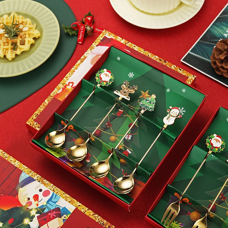 

Рождественская посуда, подарочная коробка, набор ложек и вилок из нержавеющей стали, креативная десертная ложка и вилка 304, рождественский подарок