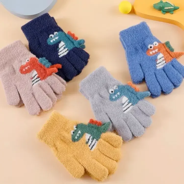 4-8 Jahre alte Winter Kinder dicke Strickhandschuhe Cartoon Dinosaurier warme Plüsch Kinder Winter Kinder Fingerhandschuhe