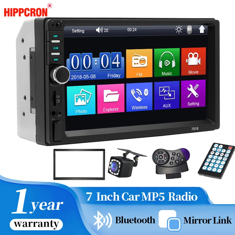 Hippcron 7 Zoll 2 Din Autoradio Stereo Bluetooth MP5-Player 12V FM ISO-Stromversorgung AUX-Eingang USB-Wiedergabe Mirror Link