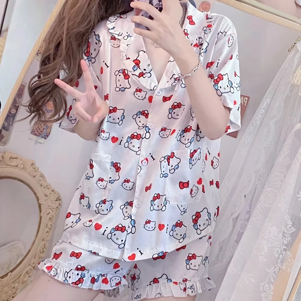 Kuromi Hello Kitty Kawaii Anime Summer Woman Pajama Set Cartoon My Melody Printing Shirt Shorts Homewear Suit Student Nightwear