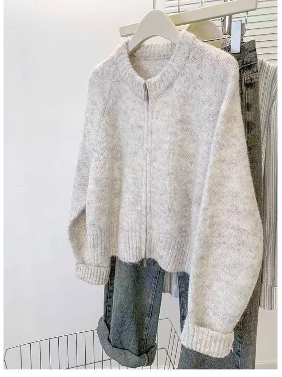 Soft Sle Salt Series round Ne Casual Knitted Zipper Sweater Women's Spring Autumn New Sle Korean Soft Cozy Cardigan